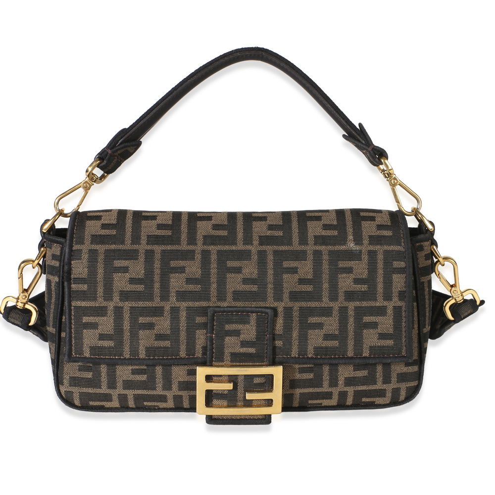 Fendi Black Tobacco Fabric FF 1974 Jacquard Canvas Medium Baguette Bag